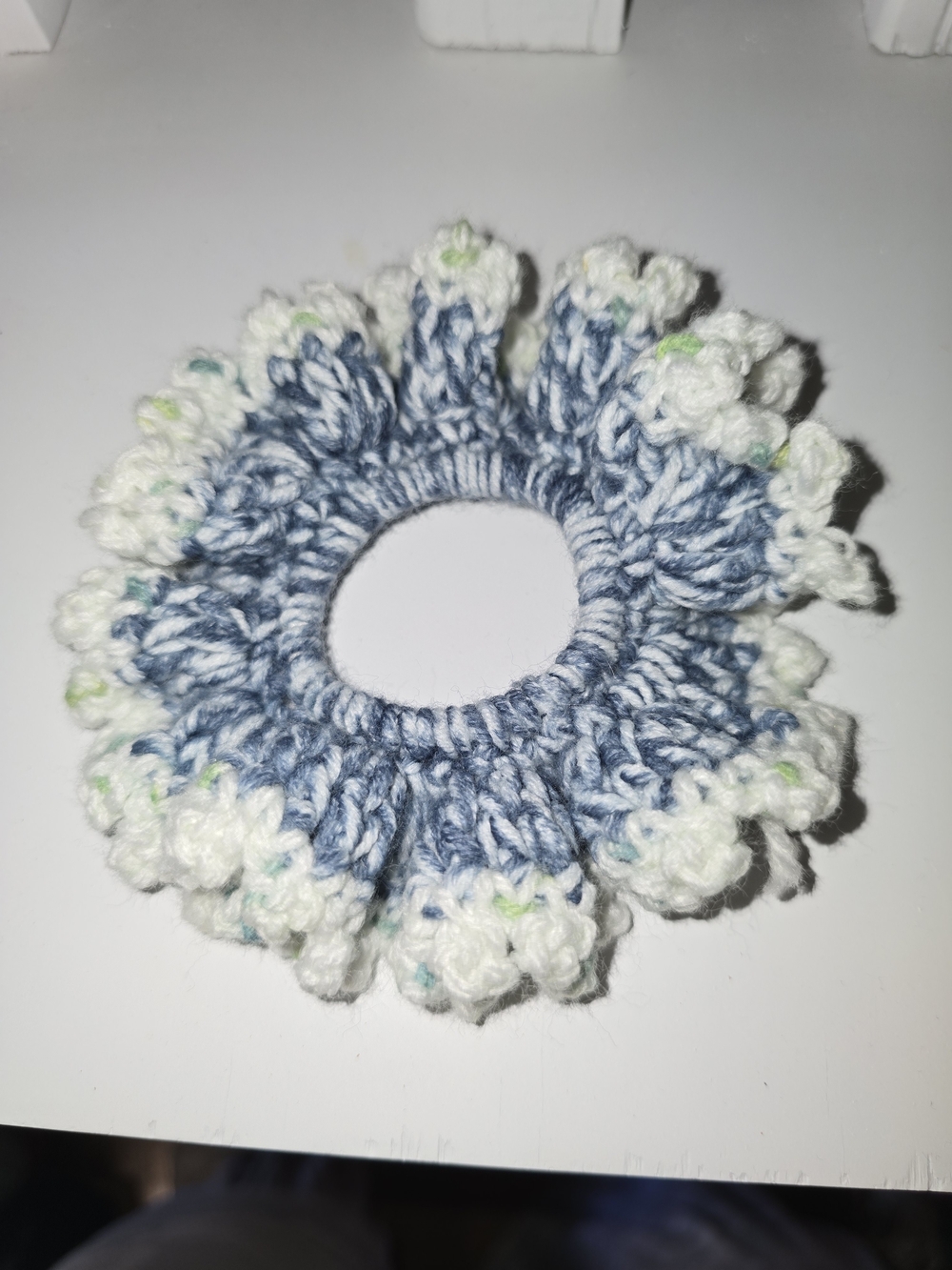 Blue & White Crochet Ruffle Kids Hair Scrunchie